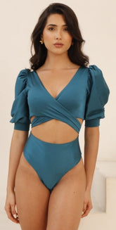 Napoles Puff Sleeves Green One-Piece Swimsuit - ADARA WOMEN - Small--ADARA WOMEN