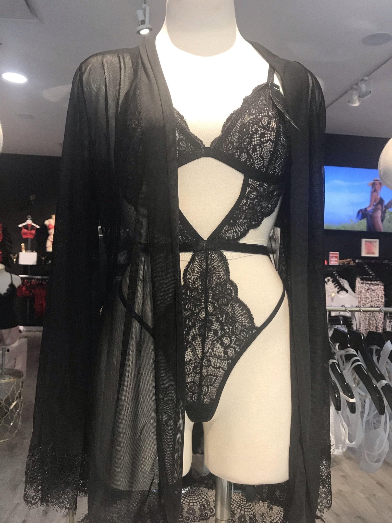 Brooklyn Mesh and Lace Black Kimono - Nightwear - ADARABYCAROLB Intimates - --ADARA WOMEN