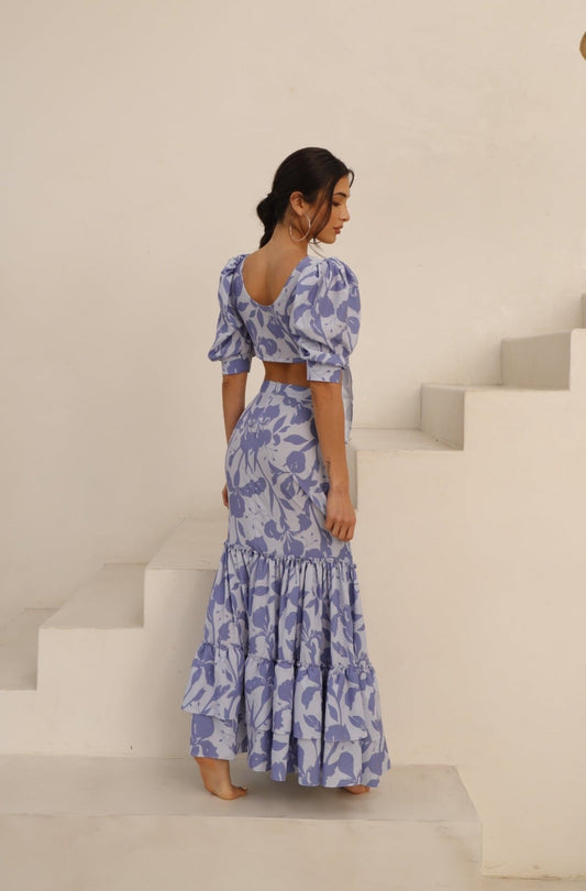 Manila Lavender Floral Puffed Sleeves Long Skirt Cover Up - Swimwear - adara swimwear - One Size--ADARA WOMEN