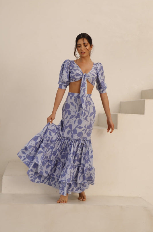Manila Lavender Floral Puffed Sleeves Long Skirt Cover Up - Swimwear - adara swimwear - One Size--ADARA WOMEN