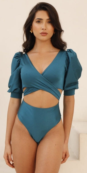 Napoli One Piece Swimsuit - Puff Sleeves Top High-cut Scrunch Bottom - Teal  Blue