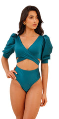 Napoli One Piece Swimsuit - Puff Sleeves Top High-cut Scrunch Bottom - Teal Blue - One Piece Swimsuit - Adara Swimwear - Small--Adara Swimwear