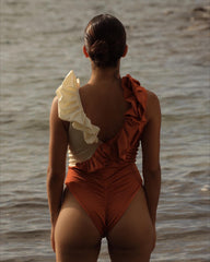 Pre - order Marsella Two Tone Ruffle Cut-Out elegant One-Piece Orange - Adara Swimwear - Small--Adara Swimwear